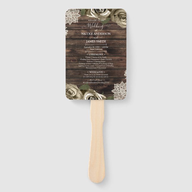 Light Gold Glam Roses Rustic Wood Lace Wedding Hand Fan (Front)