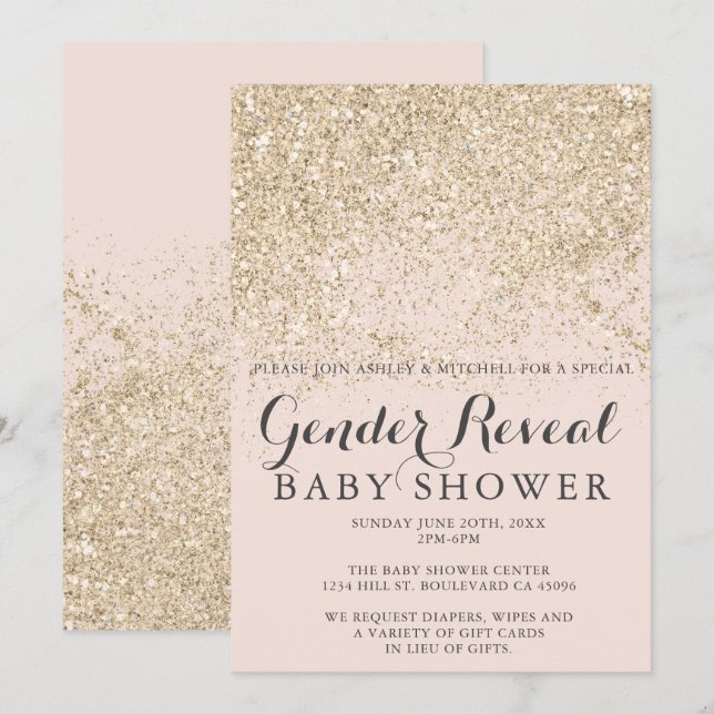 light gold glitter blush pink gender reveal baby invitation (Front/Back)
