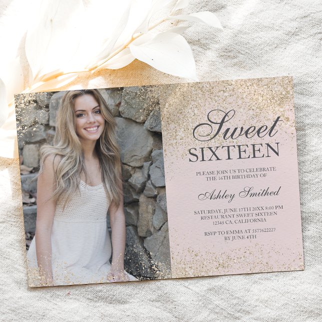 Light gold glitter chic blush pink photo Sweet 16 Invitation (Creator Uploaded)