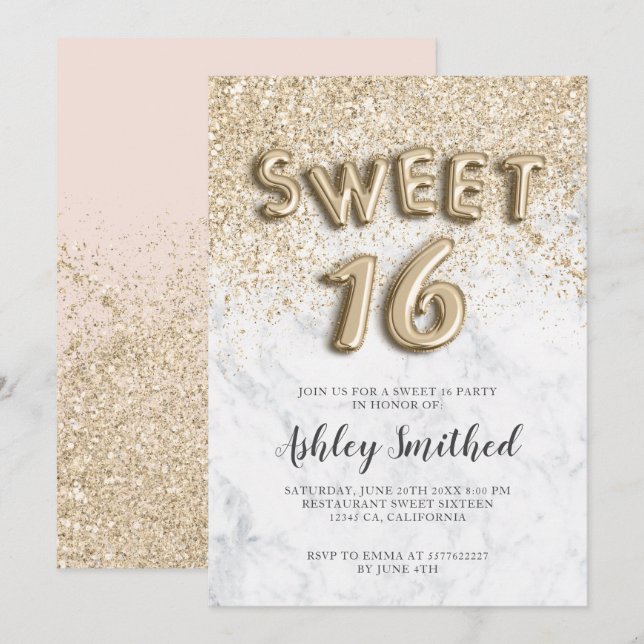 light gold glitter letters marble sweet sixteen invitation (Front/Back)