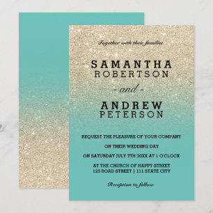 light gold glitter light teal ombre wedding invitation