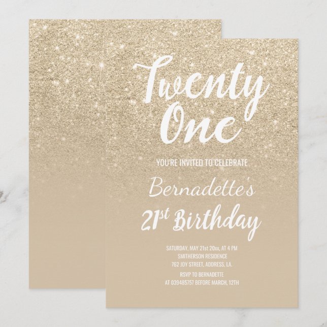 light gold glitter ombre pearl 21st Birthday Invitation (Front/Back)