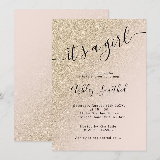 light gold glitter pink ombre block baby shower invitation (Front/Back)