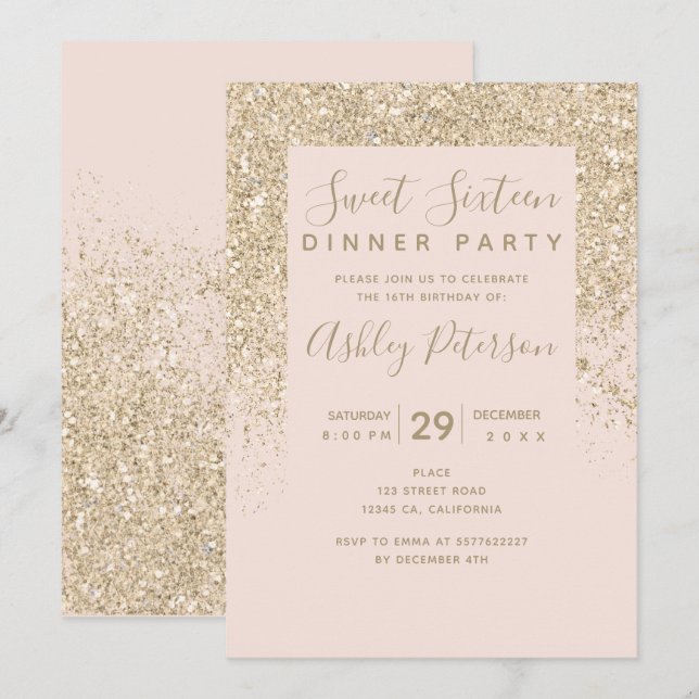 light gold glitter typography blush pink Sweet 16 Invitation (Front/Back)