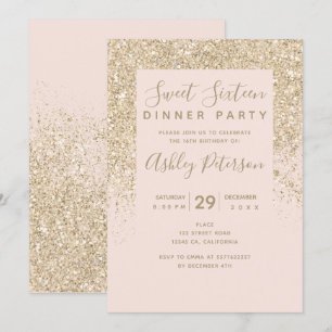 light gold glitter typography blush pink Sweet 16 Invitation