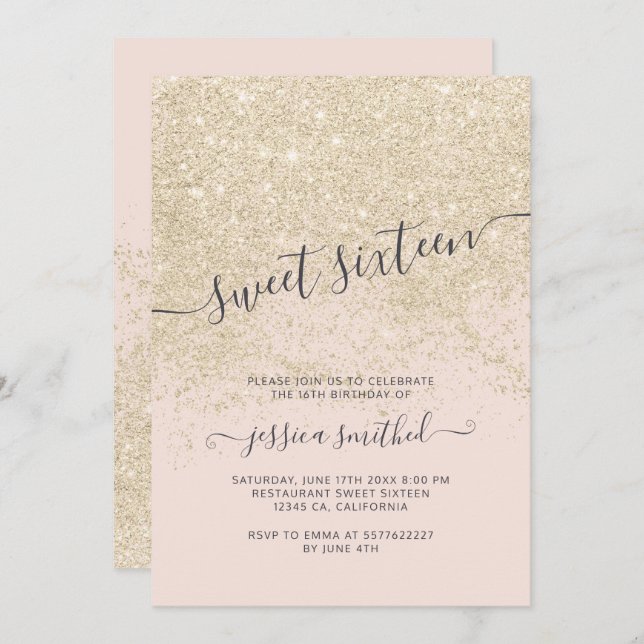 light gold glitter typography blush pink Sweet 16 Invitation (Front/Back)