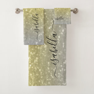 Light gold grey ombre faux sparkles Custom name Bath Towel Set