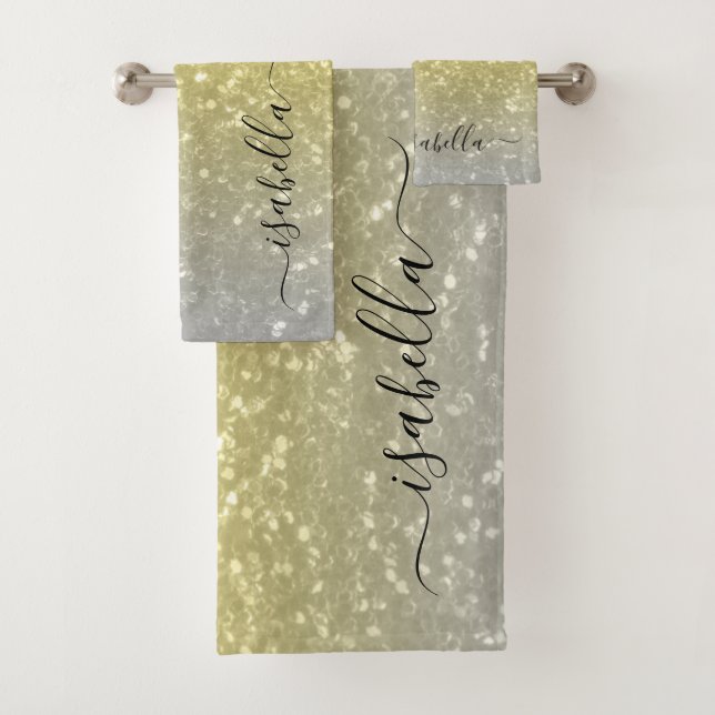 Light gold grey ombre faux sparkles Custom name Bath Towel Set (Insitu)