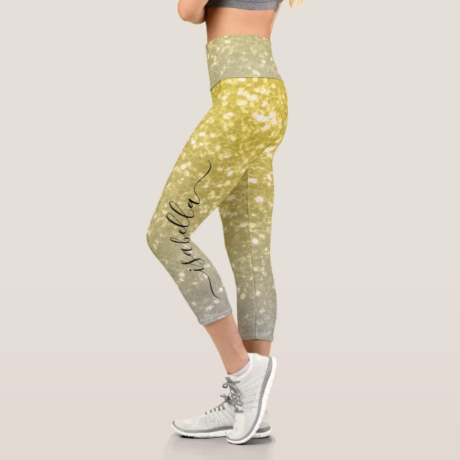 Light gold grey ombre faux sparkles Custom name Capri Leggings (Left)