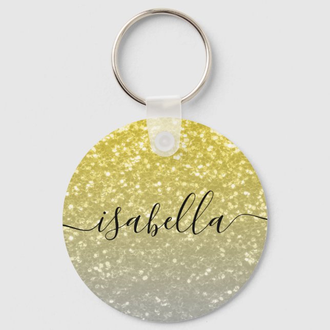 Light gold grey ombre faux sparkles Custom name Key Ring (Front)