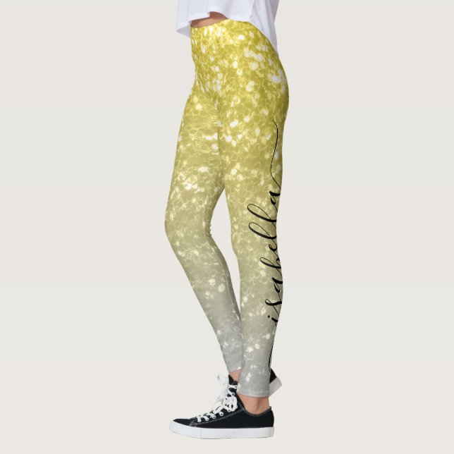 Light gold grey ombre faux sparkles Custom name Leggings (Left)