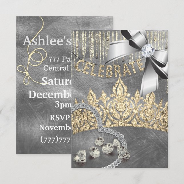 Light Gold Silver with crown diamonds blue  party Invitation (Front/Back)