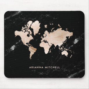 Light Gold World Map on Black Marble Mouse Mat