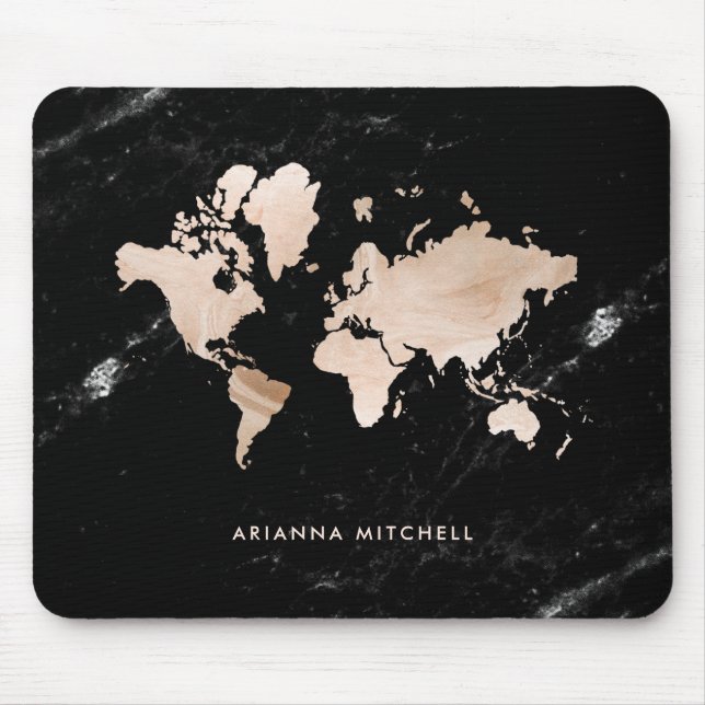 Light Gold World Map on Black Marble Mouse Mat (Front)