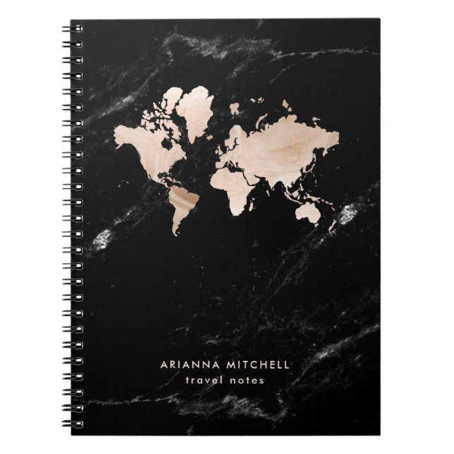 Light Gold World Map on Black Marble Notebook (Front)