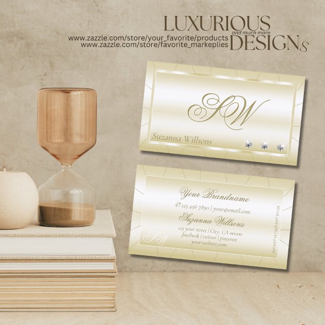 Light Golden with Diamonds and Monogram Luxurious Business Card (Creator Uploaded)