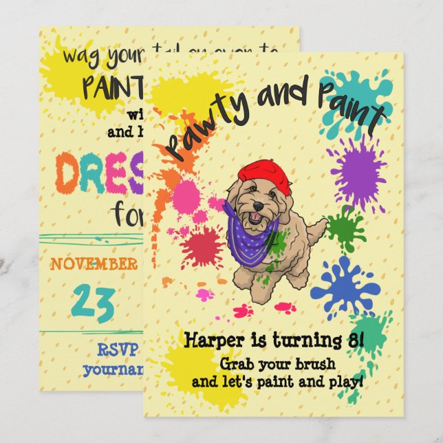 Light Goldendoodle Dog Art Birthday Party Invite (Front/Back)