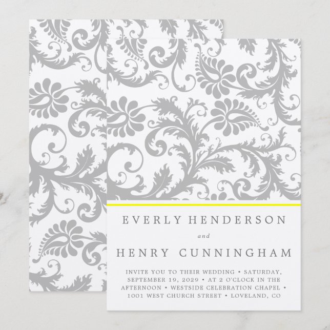 Light Gray and Yellow Damask Wedding Invitation (Front/Back)