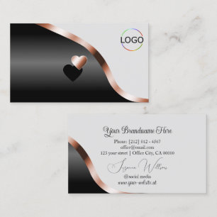 Light Gray Black Wavy Rose Gold Decor Hearts Logo Business Card