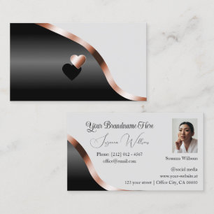 Light Gray Black Wavy Rose Gold Decor Hearts Photo Business Card