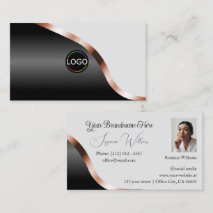 Light Gray Black Wavy Rose Gold Decor Logo Photo Business Card