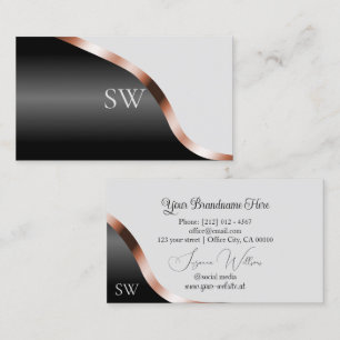 Light Gray Black Wavy Rose Gold Decor Monogrammed Business Card