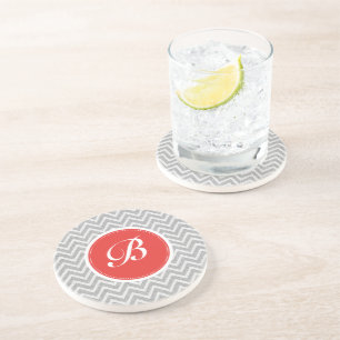 Light Gray Chevron Pattern Linen Texture Monogram Coaster