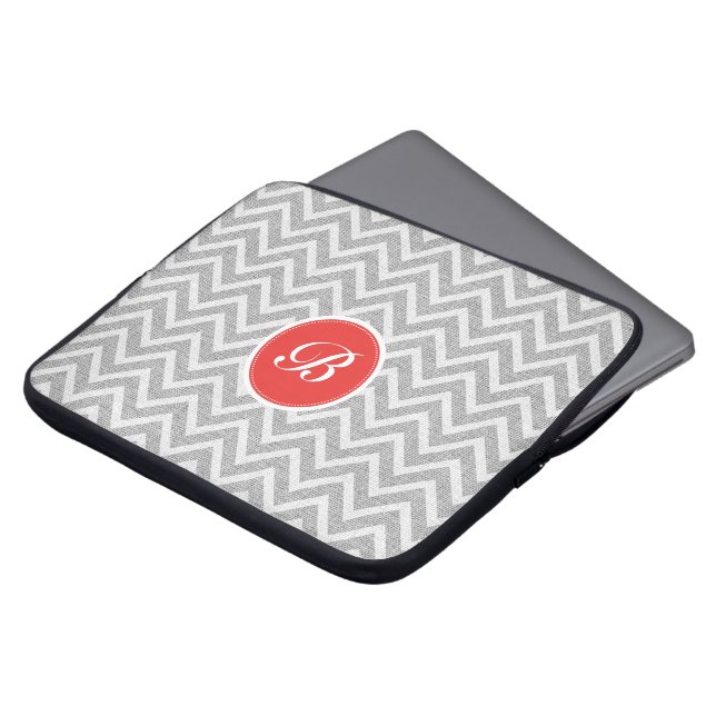 Light Gray Chevron Pattern Linen Texture Monogram Laptop Sleeve (Front Top)