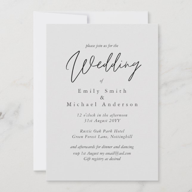 Light Gray Grey Script Typography Budget Wedding Invitation (Front)