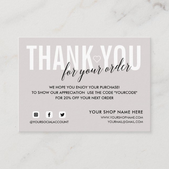 LIGHT GRAY THANK YOU FOR YOUR ORDER SOCIAL ENCLOSURE CARD (Front)