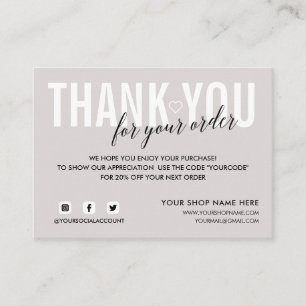 LIGHT GRAY THANK YOU FOR YOUR ORDER SOCIAL ENCLOSURE CARD