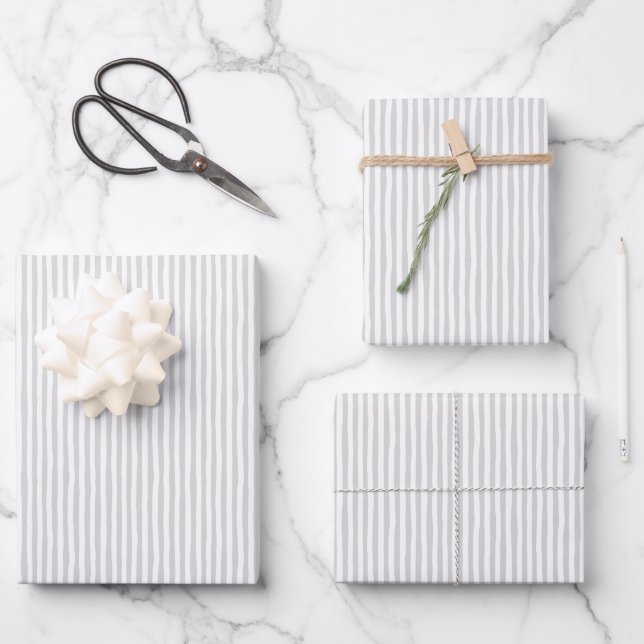 Light Gray & White Wonky Stripes Wrapping Paper Sheet (Front)