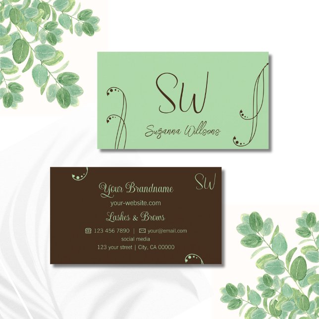 Light Green and Brown Modern Ornate with Monogram Business Card (Creator Uploaded)
