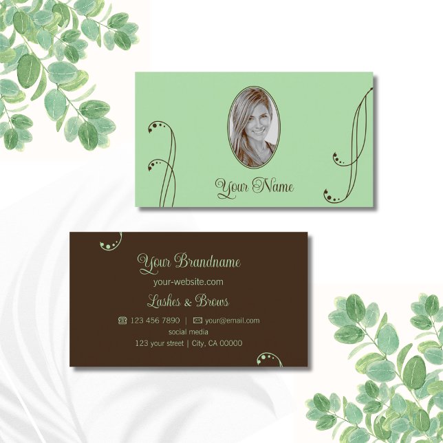 Light Green and Brown Ornate with Portrait Photo Business Card (Creator Uploaded)