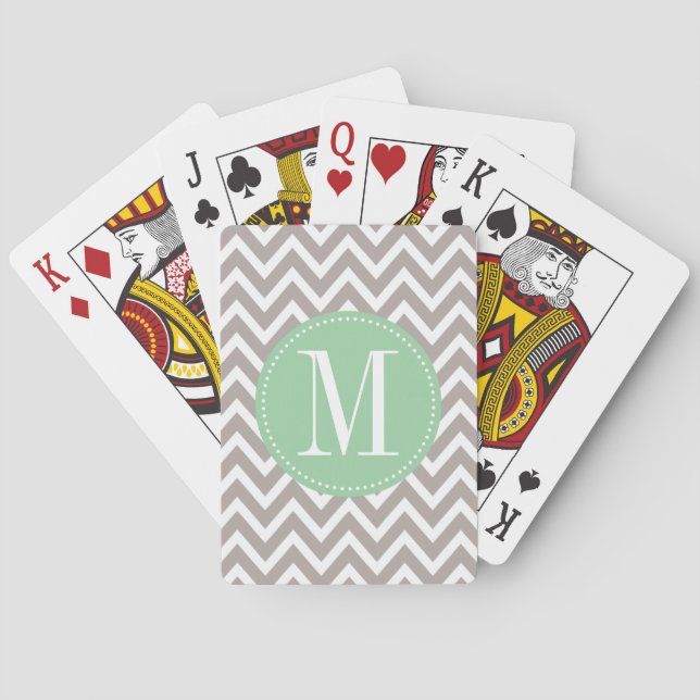 Light Green and Grey Chevron Custom Monogram Playing Cards (Back)
