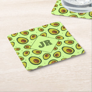 Light Green and Olive Avocado Fruit Patterned Square Paper Coaster