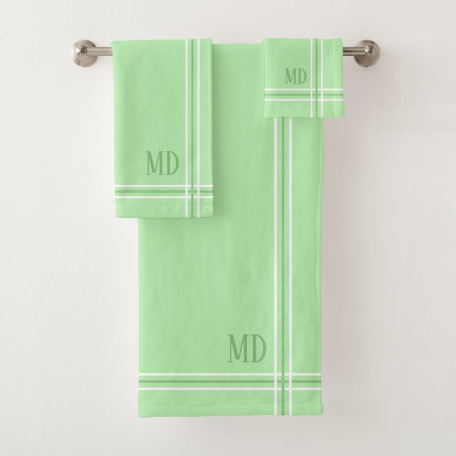 Light Green and White Striped Custom Initials Bath Towel Set (Insitu)