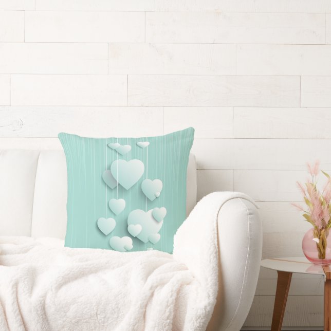 Light green background with 3D white hearts Cushion (Couch)