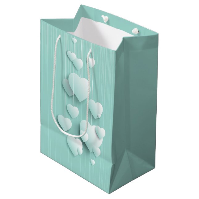 Light green background with 3D white hearts    Medium Gift Bag (Front Angled)