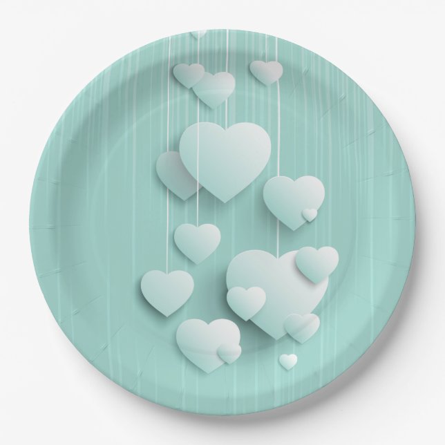 Light green background with 3D white hearts Paper Plate (Front)