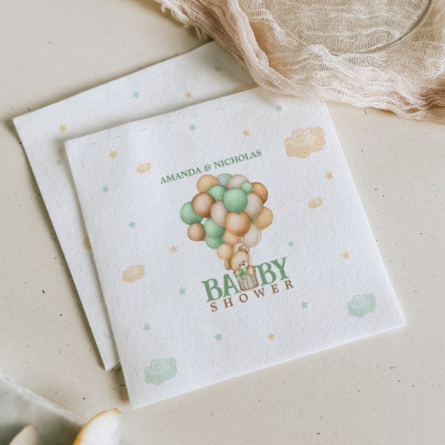 Light Green Bear In Hot Air Balloon Baby Shower  Napkin (Creator Uploaded)