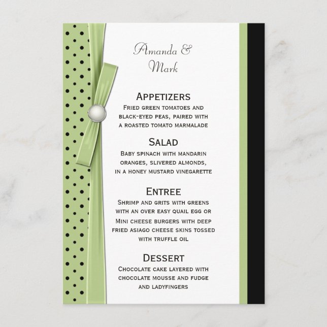Light Green Black Polka Dot Menu Cards (Front)
