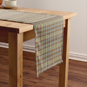 Light Green Blue Brown Plaid Tartan Table Runner