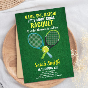 Light Green Blue Tennis Birthday Invitations