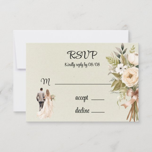Light Green Bride and Groom Florals Wedding RSVP Card (Front)