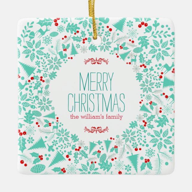 Light-Green Christmas Wreath Merry Christmas Ceramic Ornament (Front)