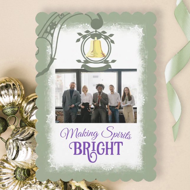 Light Green Company Logo Christmas Photo Holiday Card (light olive green company Christmas card with gold bell and plum purple font, photo template card)