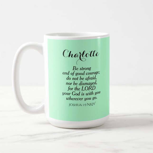 Light Green Courage Bible Verse Custom Name Simple Coffee Mug (Left)