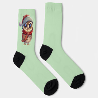 Light Green Cute Owl with Red Christmas Hat socks
