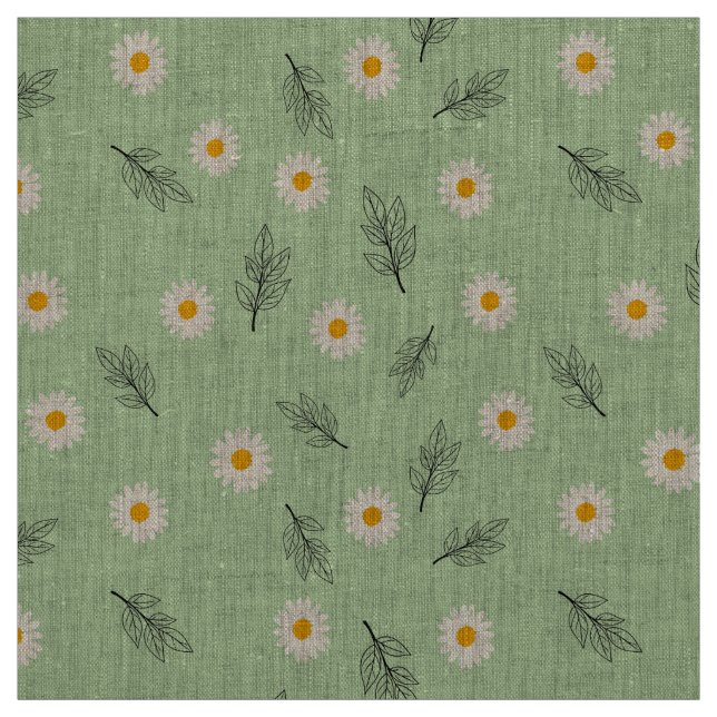 Light Green Daisy Botanical Natural Linen Fabric (Swatch)